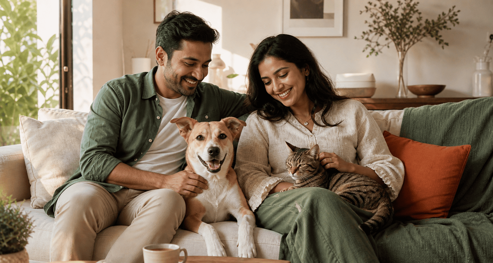 A couple relaxing at home with their dog and cat