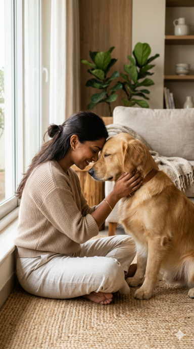A veterinarian gently greeting a golden retriever in a modern clinic