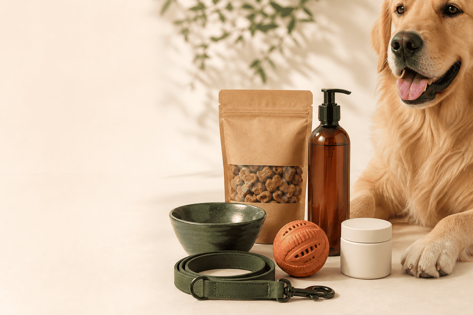 A curated collection of pet wellness products with a golden retriever
